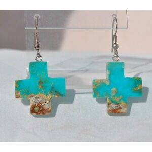 Native American Indian Natural‎ Turquoise Cross Dangle Earrings